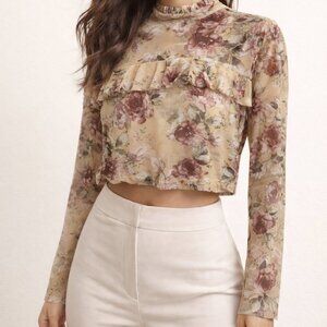 NWT Forever 21 Floral Mesh Ruffle Top - Sheer Mock Neck Cottagecore Size XL